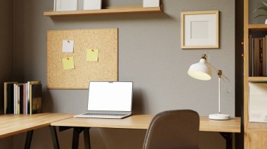 Bilgisayarlı masa lambası, mantar tahtası ve kitaplığı olan 3 boyutlu modern ofis..