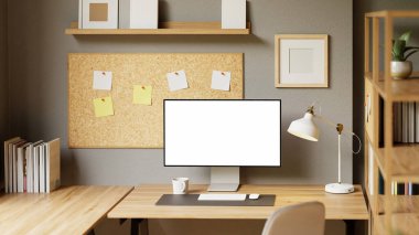 3D, boş bilgisayar ve doğal ışıklandırmayla modern ofis çalışma alanını oluşturdu..