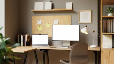 Minimalist 3D ofis, çift ekran düzeneği, dizüstü bilgisayar ve ahşap bir masada bilgisayar monitörü..