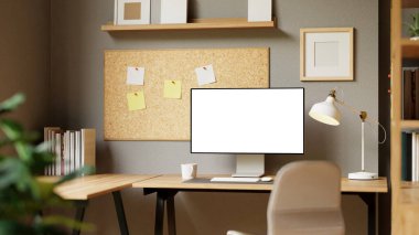 Çalışma masası, kitaplar ve boş ekranlı bilgisayarın gerçekçi üç boyutlu görünümü.