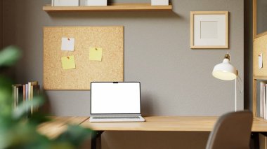 3 boyutlu modern ofis, dizüstü bilgisayarı ahşap masa ve mantar kaplama..