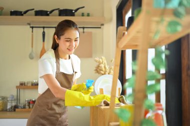 Önlüklü ve lastik eldivenli gülümseyen genç bir kadın mutfak tezgahını sprey şişe ve bezle temizliyor..