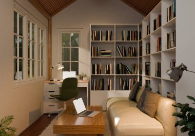 3D kitaplık, kanepe ve çalışma masası ile modern ev kütüphanesi.