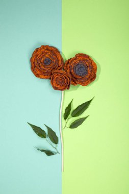 Fulled yün renkli bir arka plan üzerinde bir çiçek şeklinde üç broşlar