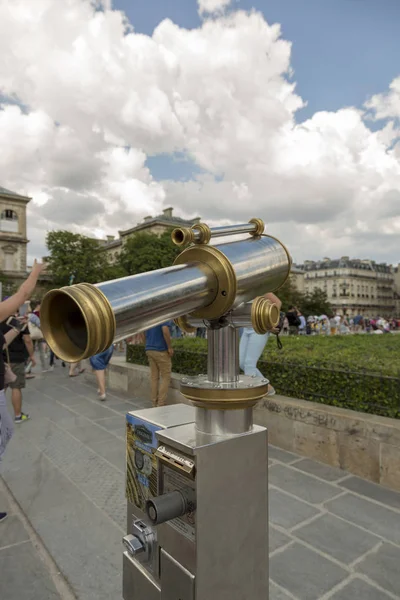 Paris França Julho 2018 Spyglass Praça Frente Catedral Notre Dame — Fotografia de Stock