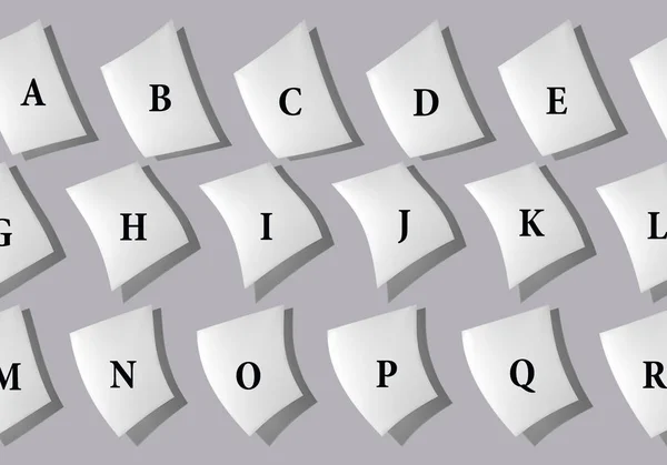 灰色の背景に英語のアルファベットの文字と紙のシートの抽象的なコラージュ — ストック写真