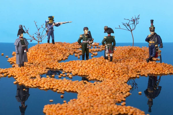 风景与海岛在海和拿破仑战争的战士 安装小扁豆 植物枝和锡兵 — 图库照片