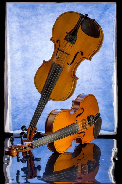 Natureza Morta Com Dois Violinos Reflexão — Fotografia de Stock