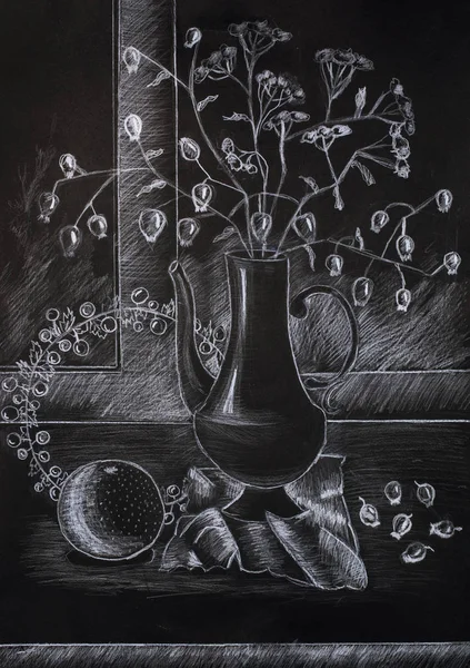 Children Pencil Drawing Still Life Vase Plant — Stock Photo, Image