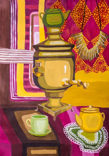 Children Gouache Painting Decorative Still Life Samovar Table — Stock Photo, Image