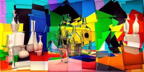 Abstract collage with vases and glass bottles