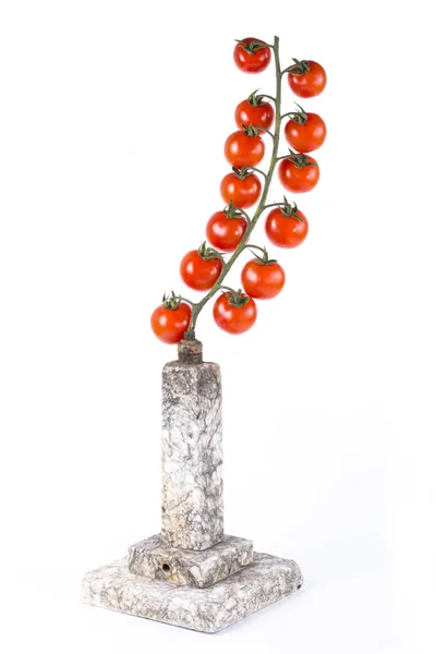Een Tak Van Rijpe Cherry Tomaten Een Sokkel Een Witte — Stockfoto