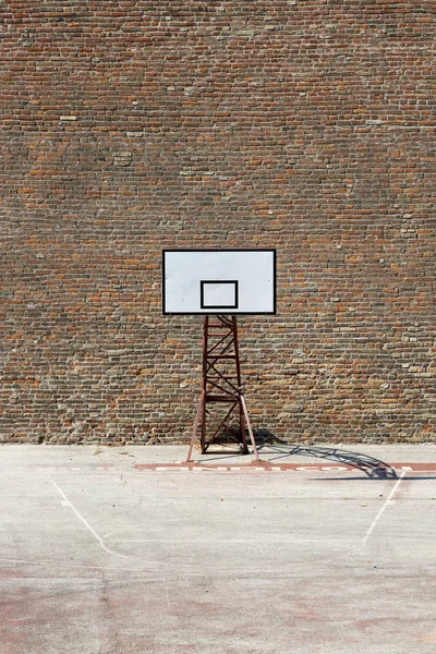 Basketball shield on a sports field on a brick wall background