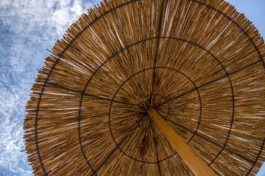 Gökyüzüne karşı sahilde sazlık güneşten Şemsiye