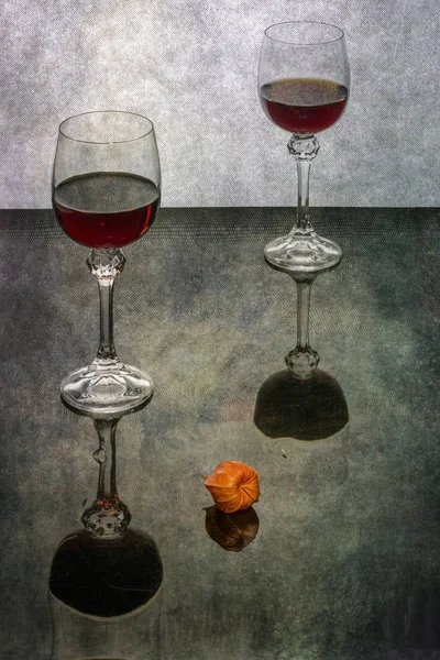 Still Life Glasses Wine Physalis Fruit — Stock Photo, Image