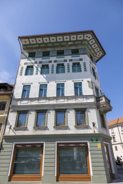 Ljubljana, Slovenya - 15 Ağustos 2019: Ljubljana'nın merkezinde Wolfova Caddesi'nde bina