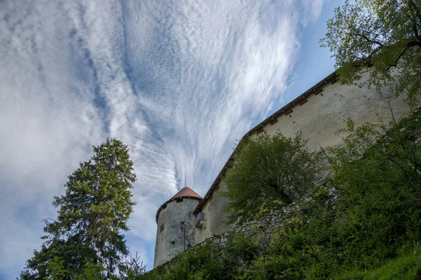 斯洛文尼亚布莱德 2019年8月15日 斯洛文尼亚布莱德湖岸边一座古城堡的城墙与天空对岸 — 图库照片