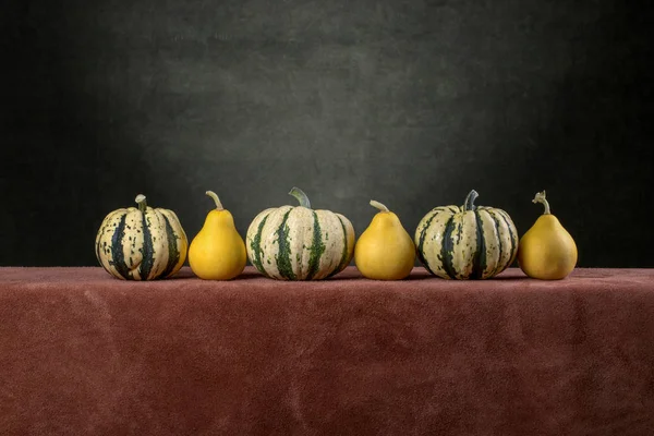 Natura Morta Con Sei Zucche Decorative Uno Sfondo Scuro — Foto Stock