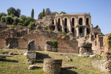 Roma, İtalya - 17 Ağustos 2019: Roma Forumunun antik yapılarına bakış