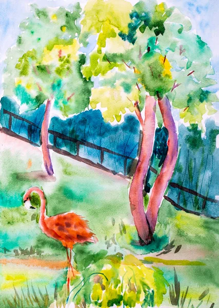 Kinder Aquarellzeichnung Sommerlandschaft Mit Flamingos — Stockfoto