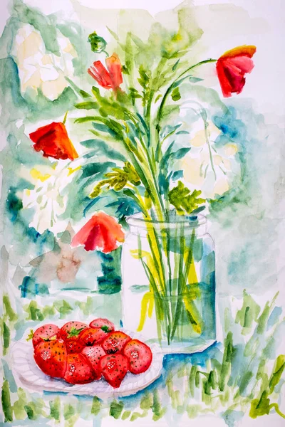Children Watercolor Drawing Still Life Strawberries Bouquet Flowers — Stock Photo, Image