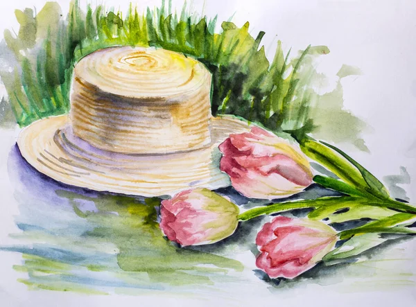 Children Watercolor Drawing Straw Hat Bouquet Tulips — Stock Photo, Image