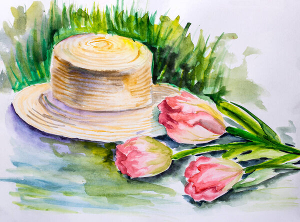 Children Watercolor Drawing Straw Hat Bouquet Tulips — Stock Photo, Image