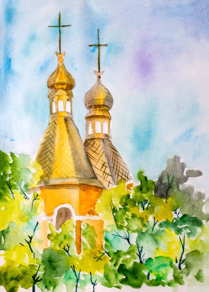 어린이 수채화 Summer Landscape Church Domes — 스톡 사진