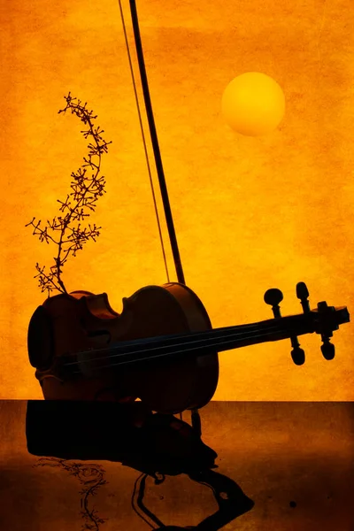 Violin Orange Background Reflective Surface Sultry Music — Stock Photo, Image