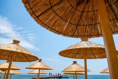 Güneşten gelen şemsiyeler gökyüzüne karşı kumsaldaki sazlıklardan