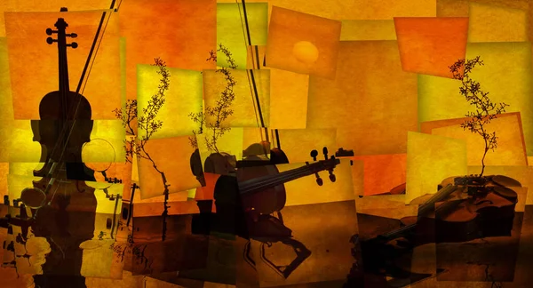 鮮やかなコラージュの静物画とバイオリンインドの夏 — ストック写真