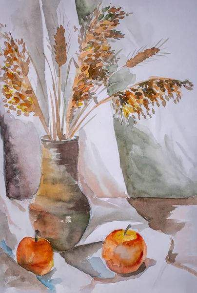 Children Watercolor Drawing Still Life Apples — Stock Photo, Image