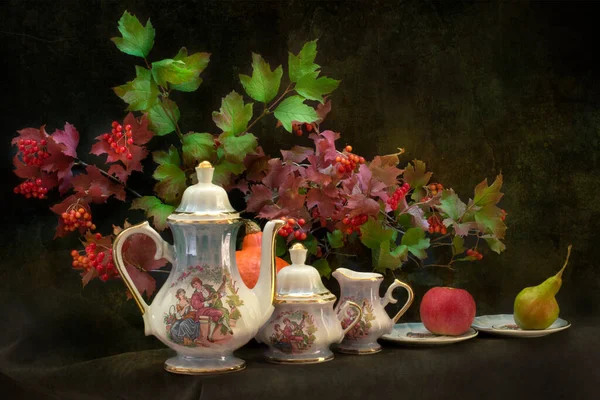 Still Life Red Viburnum Set Tea Ware — Stock Photo, Image