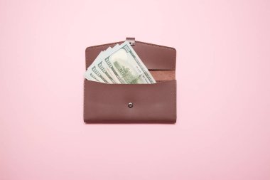 Bayan cüzdan para pembe bir arka plan ile. Üstten Görünüm.