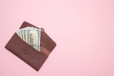 Bayan cüzdan para pembe bir arka plan ile. Üstten Görünüm.