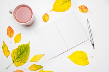 Bir fincan çay ve düşmüş kuru sarı, yaprakları ile beyaz zemin üzerinde Sonbahar flatlay. Metin için boş alan.