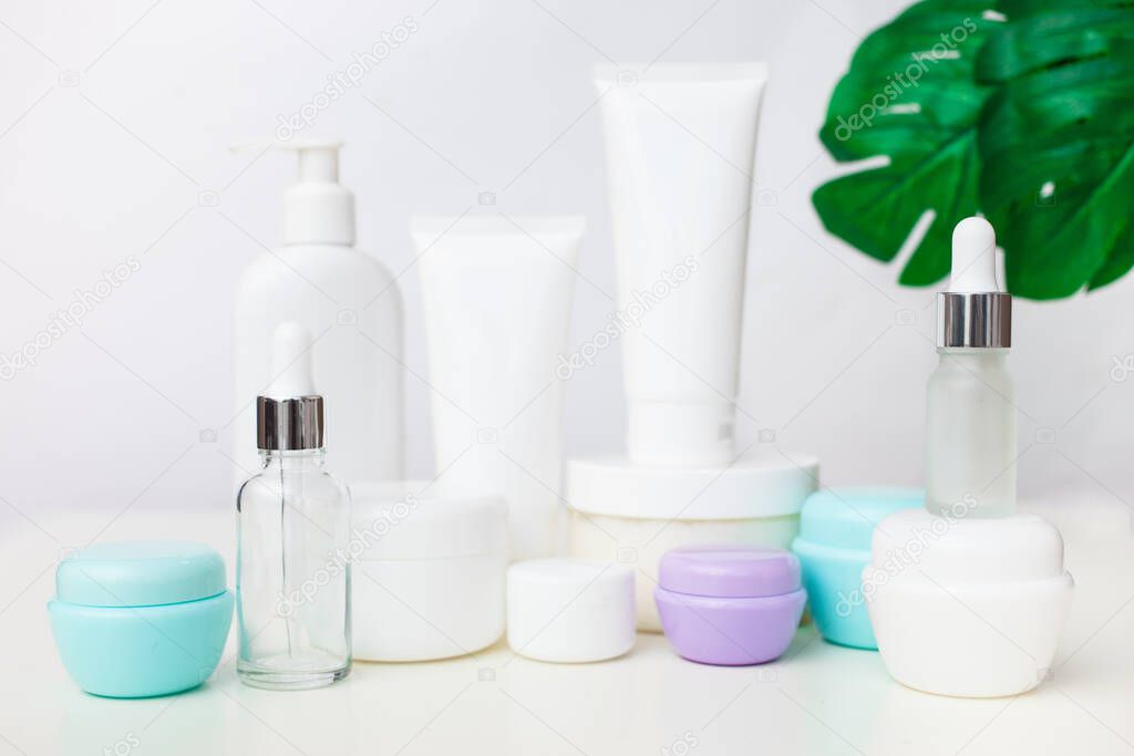 Different cosmetic bottles on white background with leaves. Set of cosmetic products. Cosmetic package collection for cream, soups, foams, droppers