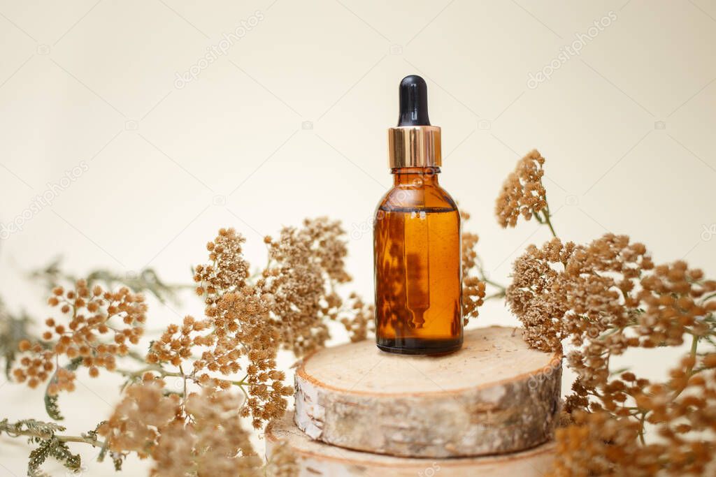 Dropper glass bottle skincare essential oil products for mock up in minimal style with on pastel cream background.