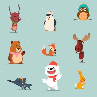 Kış hayvanlar karikatür bir dizi bir vektör çizim