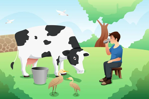 Sebuah Ilustrasi Vektor Boy Drinking Milk Milking Cow - Stok Vektor