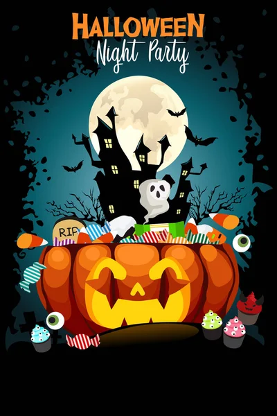 Halloween Gece Parti Poster Bir Vektör Çizim — Stok Vektör