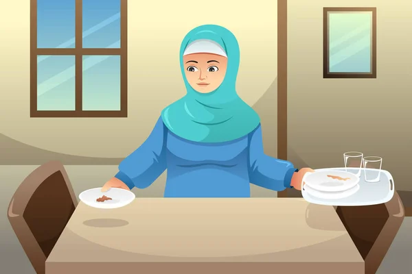 Uma Ilustração Vetorial Mulher Muçulmana Limpando Mesa Jantar Após Jantar —  Vetores de Stock