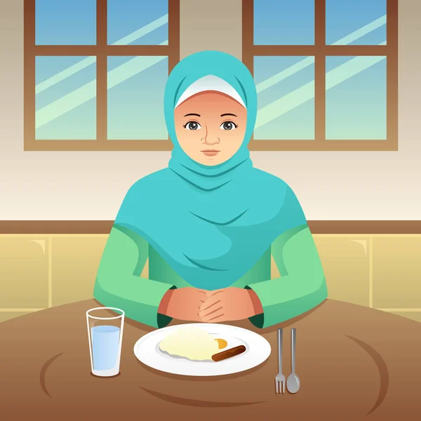 Een Vectorillustratie Van Islamitische Vrouw Eten Ontbijt Thuis — Stockvector