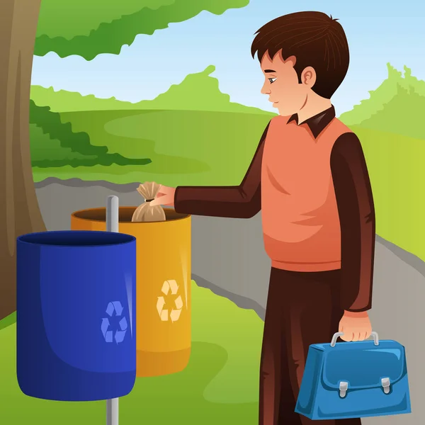 Vector Illustration Young Man Throwing Trash Garbage Can — Stock Vector