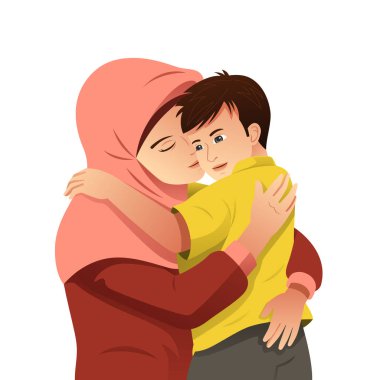 Müslüman anne sarılma onun oğlu bir vektör çizim