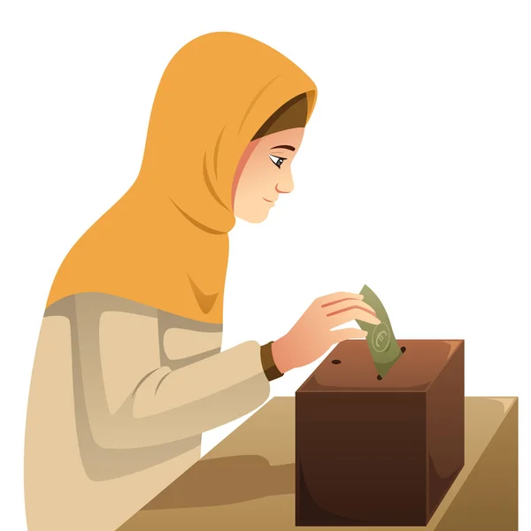 Vector Illustration Muslim Woman Making Money Donation — Stock Vector