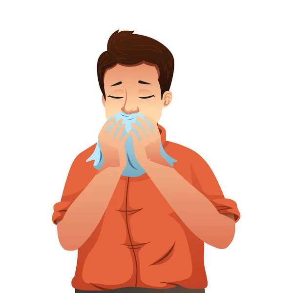 Vector Illustration Sick Man Blowing His Nose Tissue — Stock Vector