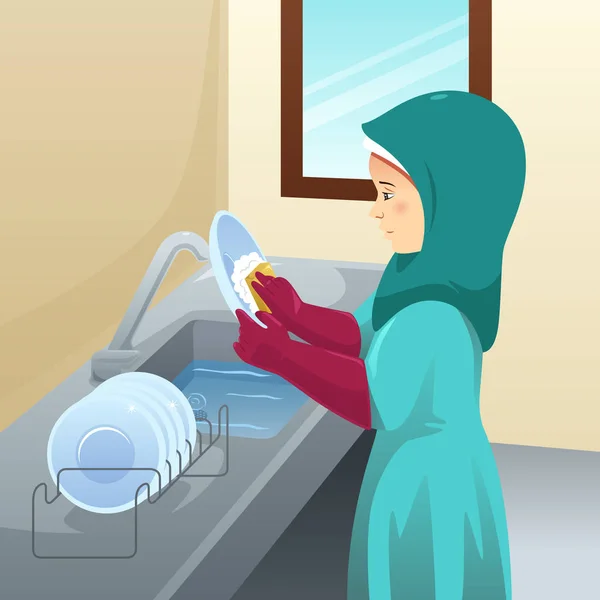 Uma Ilustração Vetorial Pratos Lavagem Mulher Muçulmana —  Vetores de Stock