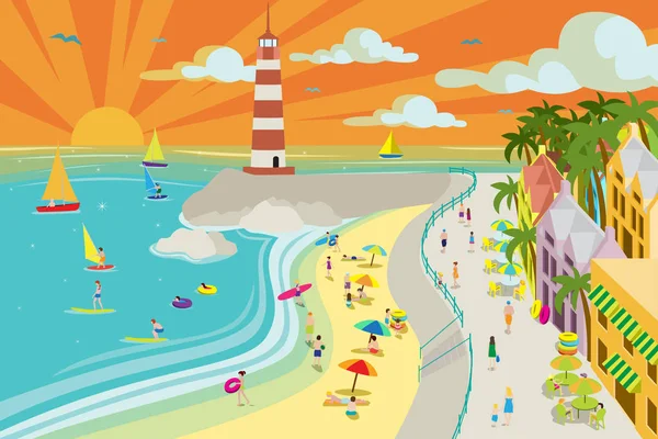 Una Ilustración Vectorial Una Vista Una Ciudad Playa Desde Arriba — Archivo Imágenes Vectoriales