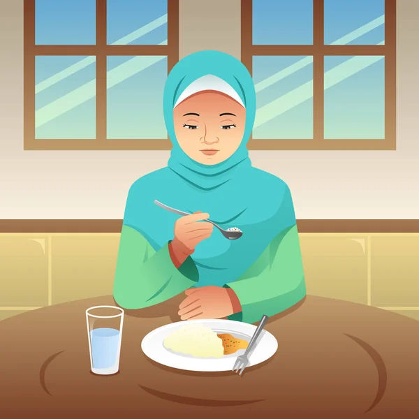 Una Ilustración Vectorial Mujer Musulmana Desayunando Casa — Archivo Imágenes Vectoriales